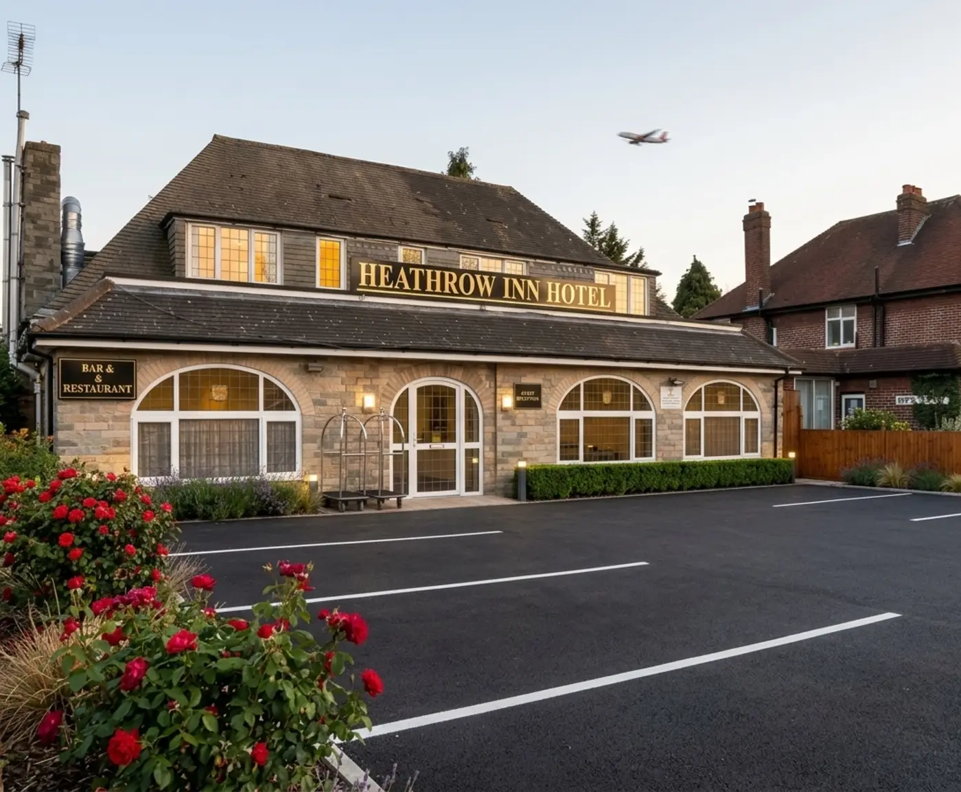 Heathrow Inn Hotel exterior with parking and an aircraft overhead